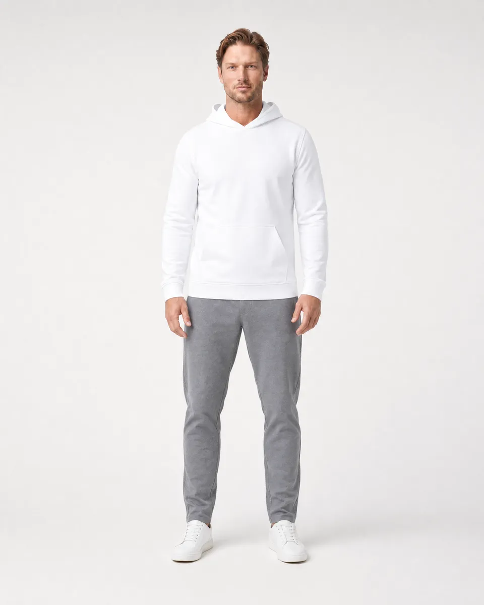 StringKing Men's Pima Terry Hoodie - Sharp Fit, White, Full Front - Human Model