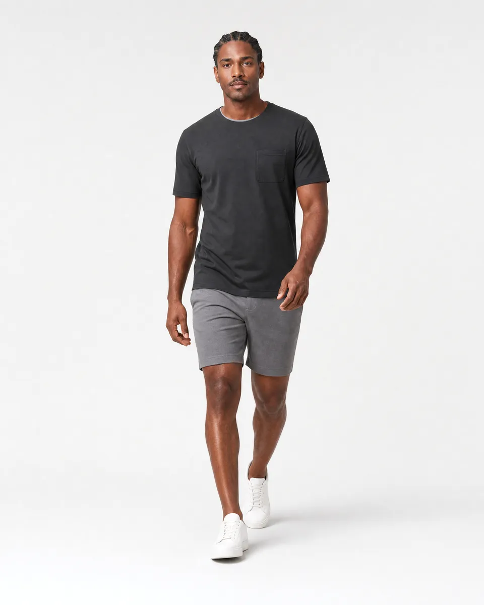 StringKing Men's Pima Jersey Pocket Tee - Sharp Fit, Black, Full Front Angle - Human Model