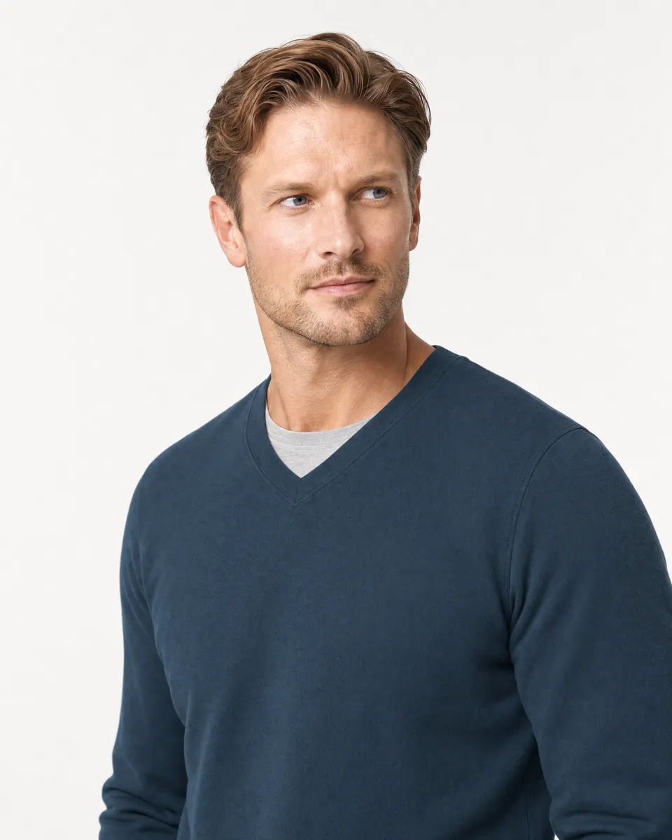 StringKing Men's Pima Terry V-Neck Sweater - Sharp Fit, Navy, Collar Shoulder - Human Model