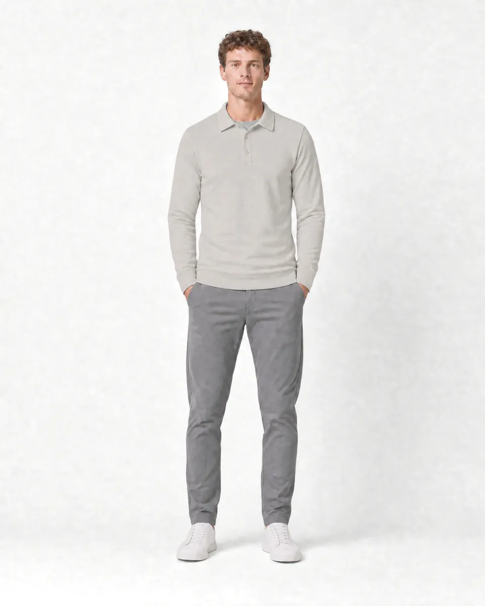 StringKing Men's Pima Terry Long Sleeve Polo - Sharp Fit, Moonstruck, Full Front - Human Model