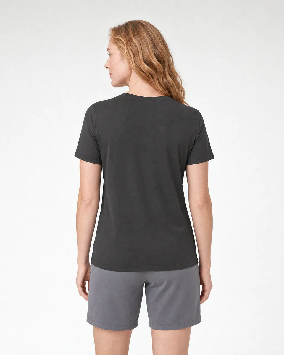 StringKing Women's Pima Jersey V-Neck Tee - Sharp Fit, Peat, Full Back - Human Model - Top of head to Mid-thigh