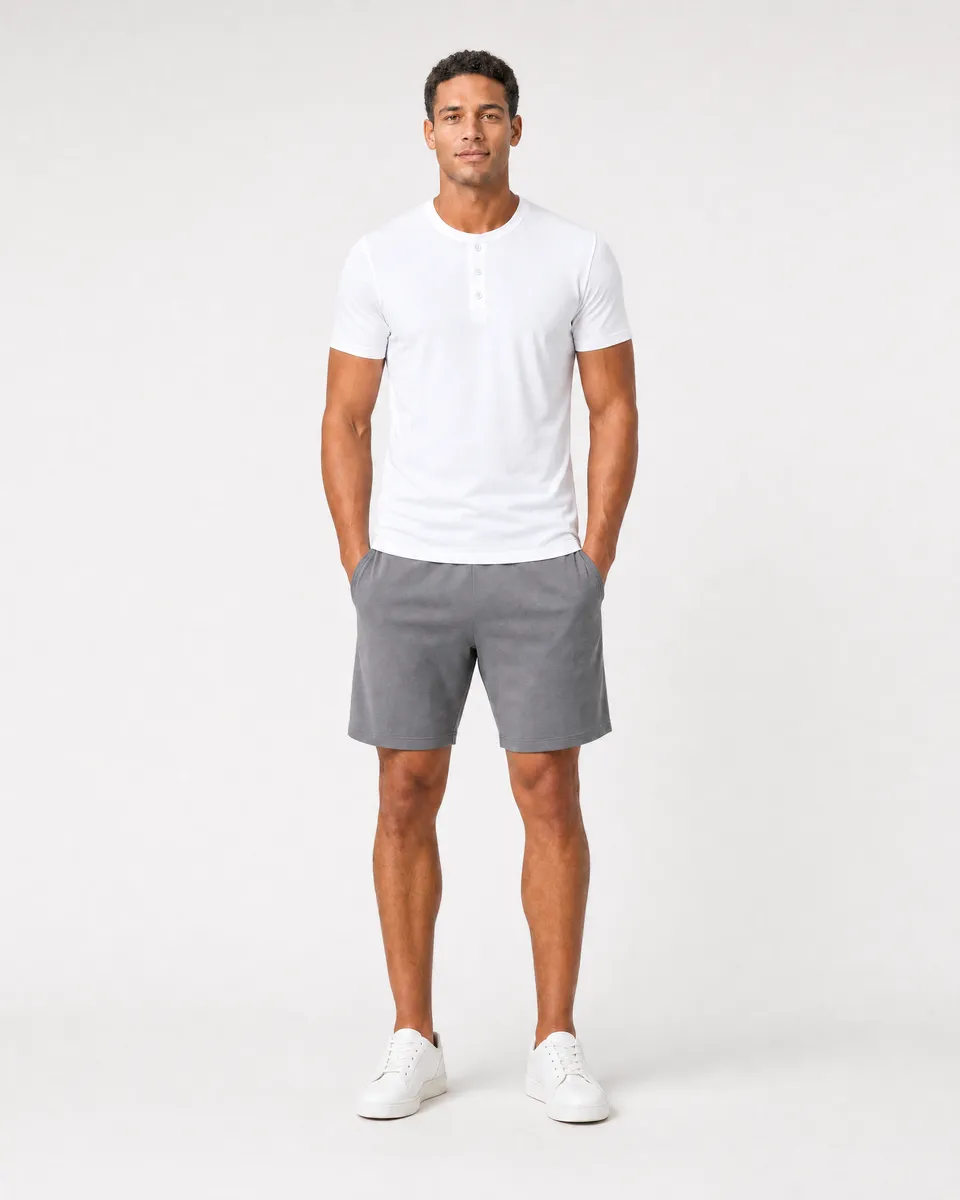 StringKing Men's Pima Jersey Short Sleeve Henley - Sharp Fit, White, Full Front - Human Model