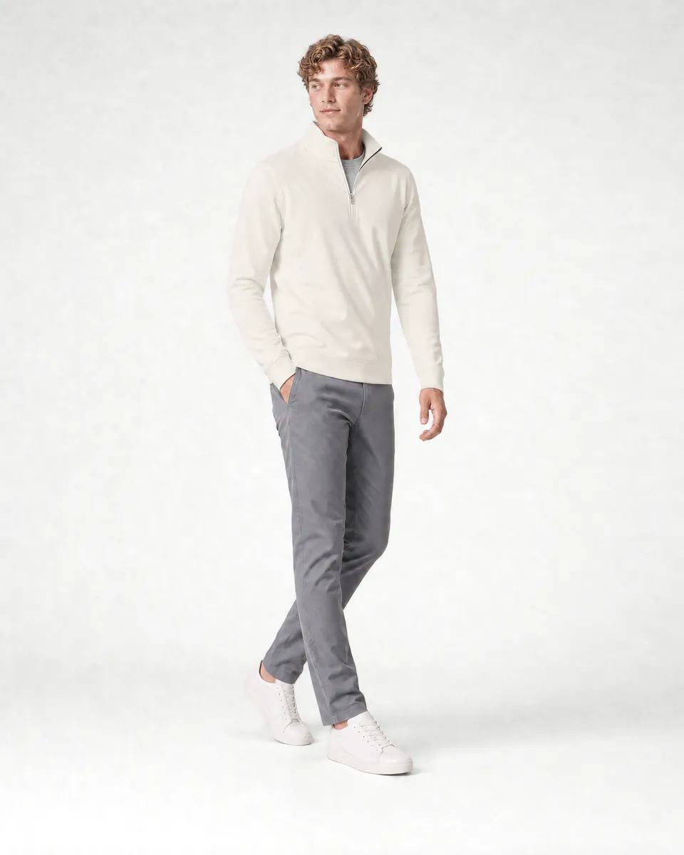 StringKing Men's Pima Terry Quarter Zip - Sharp Fit, Tofu, Full Front Angle - Human Model