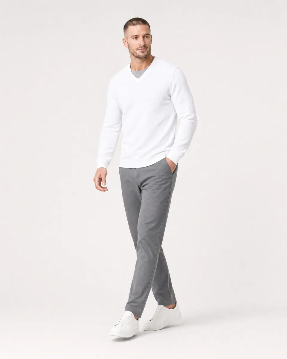 StringKing Men's Pima Terry V-Neck Sweater - Sharp Fit, White, Full Front Angle - Human Model