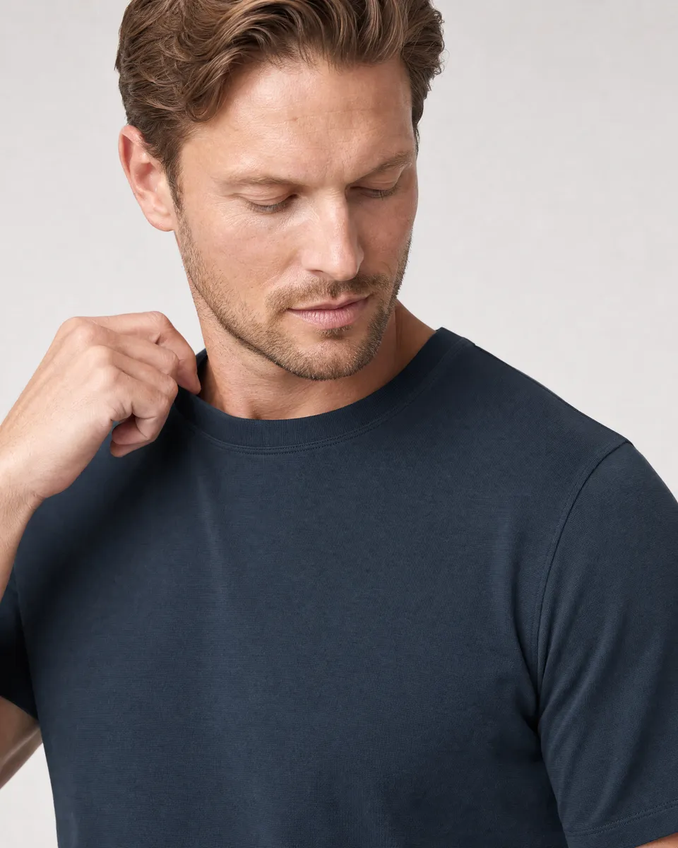 StringKing Men's Pima Terry Tee - Sharp Fit, Navy, Collar Shoulder - Human Model