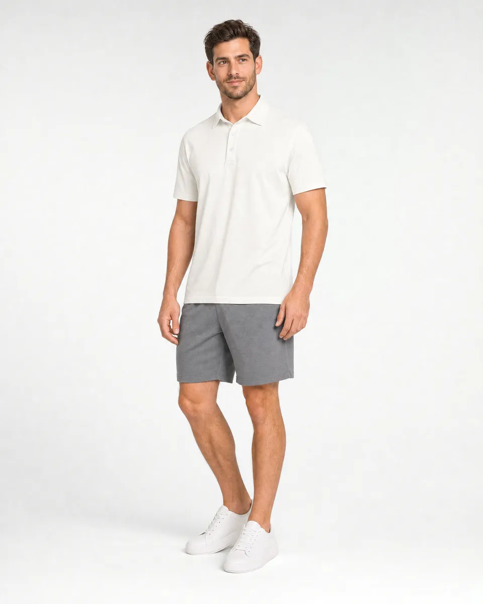StringKing Men's Pima Jersey Classic Polo - Relaxed Fit, Tofu, Full Front Angle - Human Model