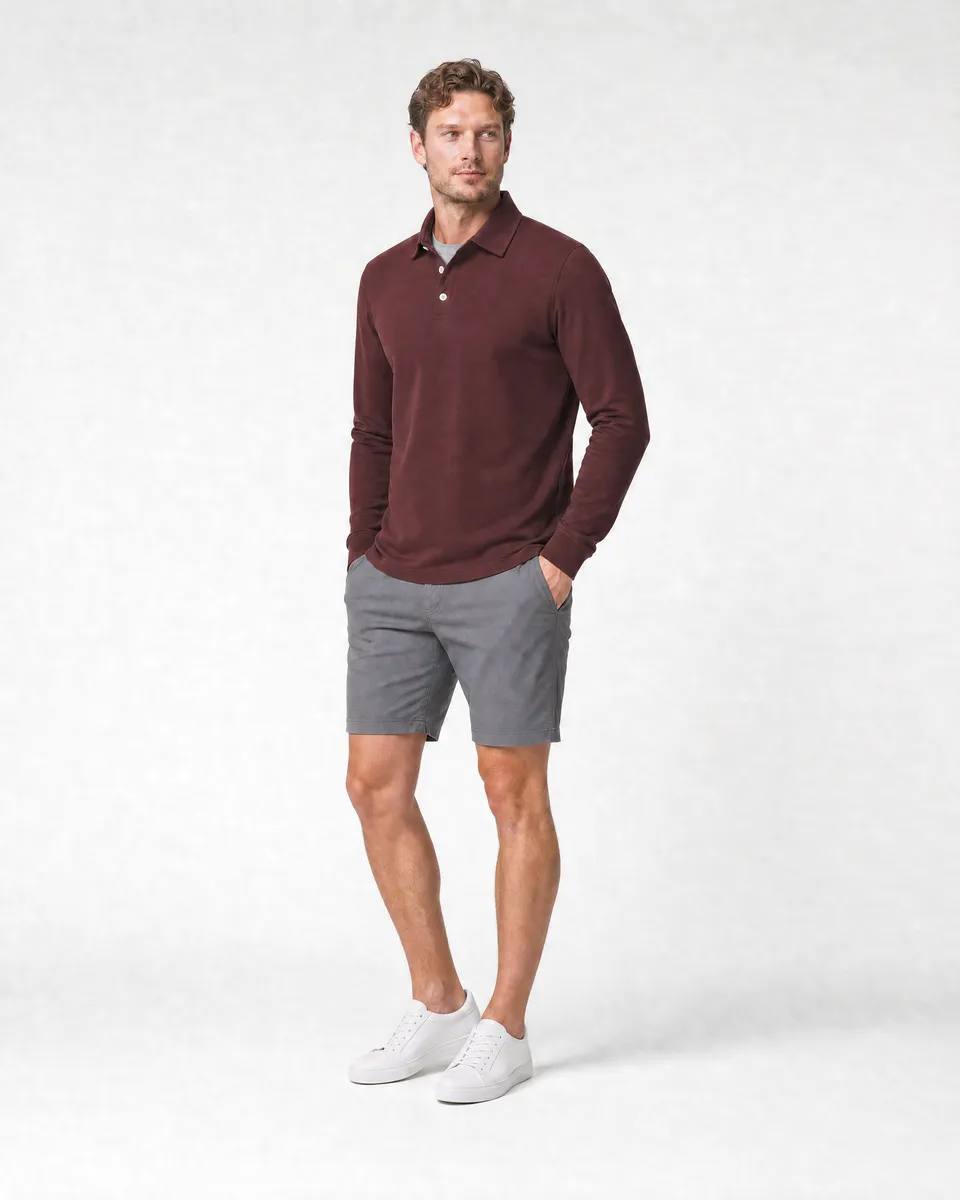 StringKing Men's Pima Jersey Long Sleeve Polo - Sharp Fit, New Maroon, Collar Shoulder - Human Model