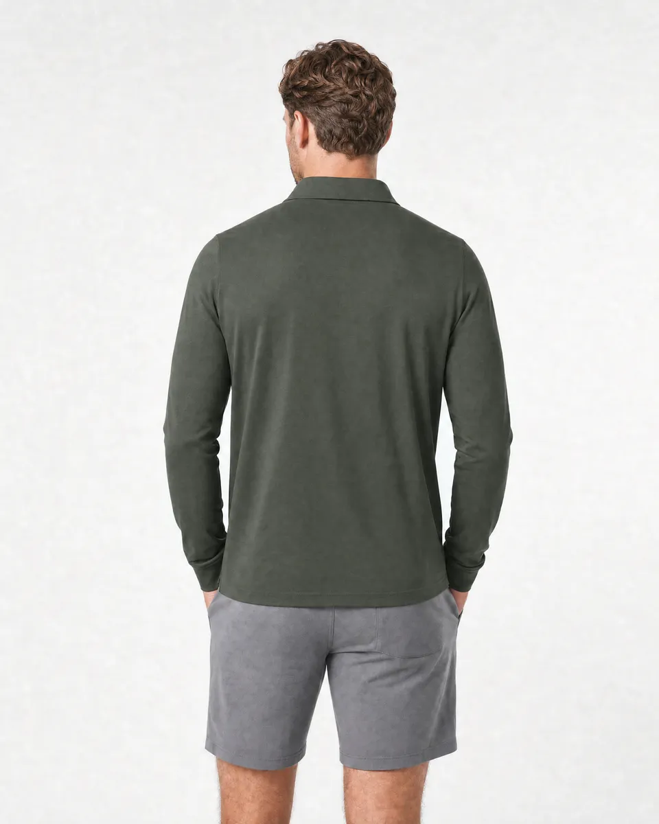 StringKing Men's Pima Jersey Long Sleeve Polo - Sharp Fit, Moss, Full Back - Human Model - Top of head to Mid-thigh