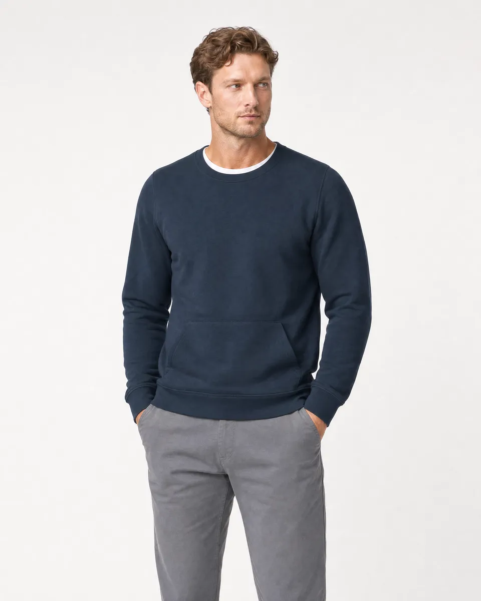 StringKing Men's Pima Terry Crew Sweatshirt - Sharp Fit, Navy, Full Front - Human Model - Top of head to Knees