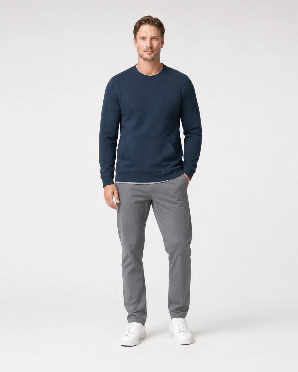 StringKing Men's Pima Terry Crew Sweatshirt - Relaxed Fit, Navy, Full Front - Human Model