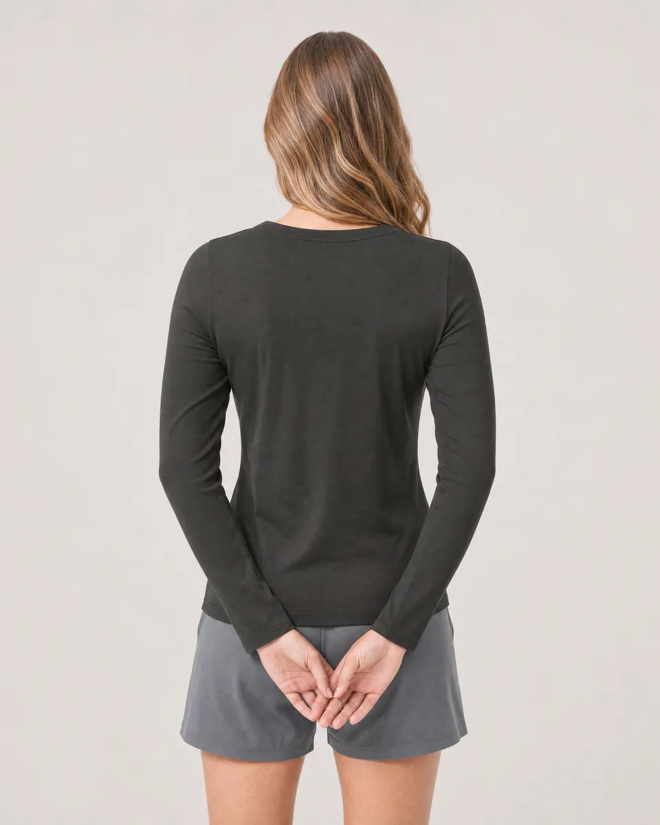 StringKing Women's Pima Jersey Long Sleeve V-Neck Tee - Sharp Fit, Peat, Full Back - Human Model - Top of head to Mid-thigh