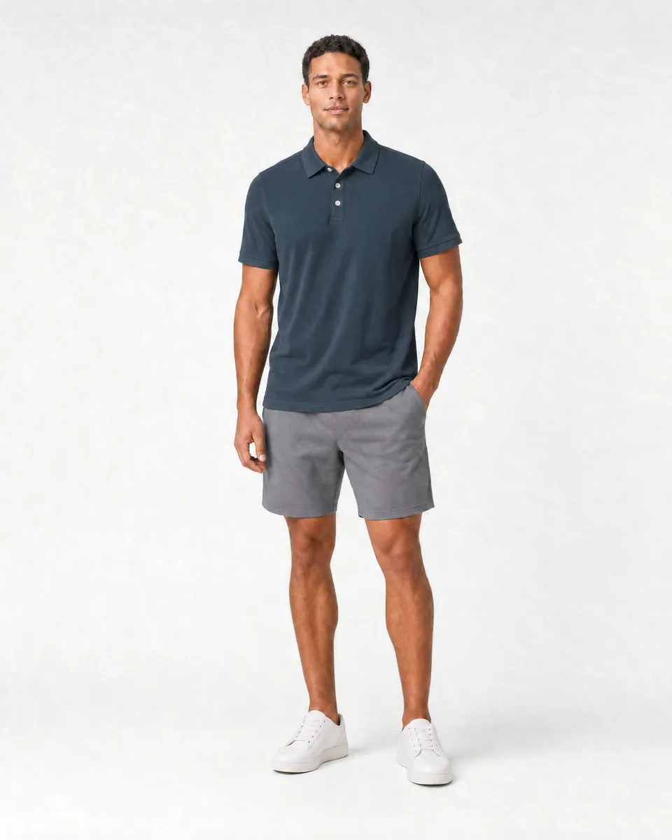 StringKing Men's Pima Terry Polo - Relaxed Fit, Navy, Full Front - Human Model