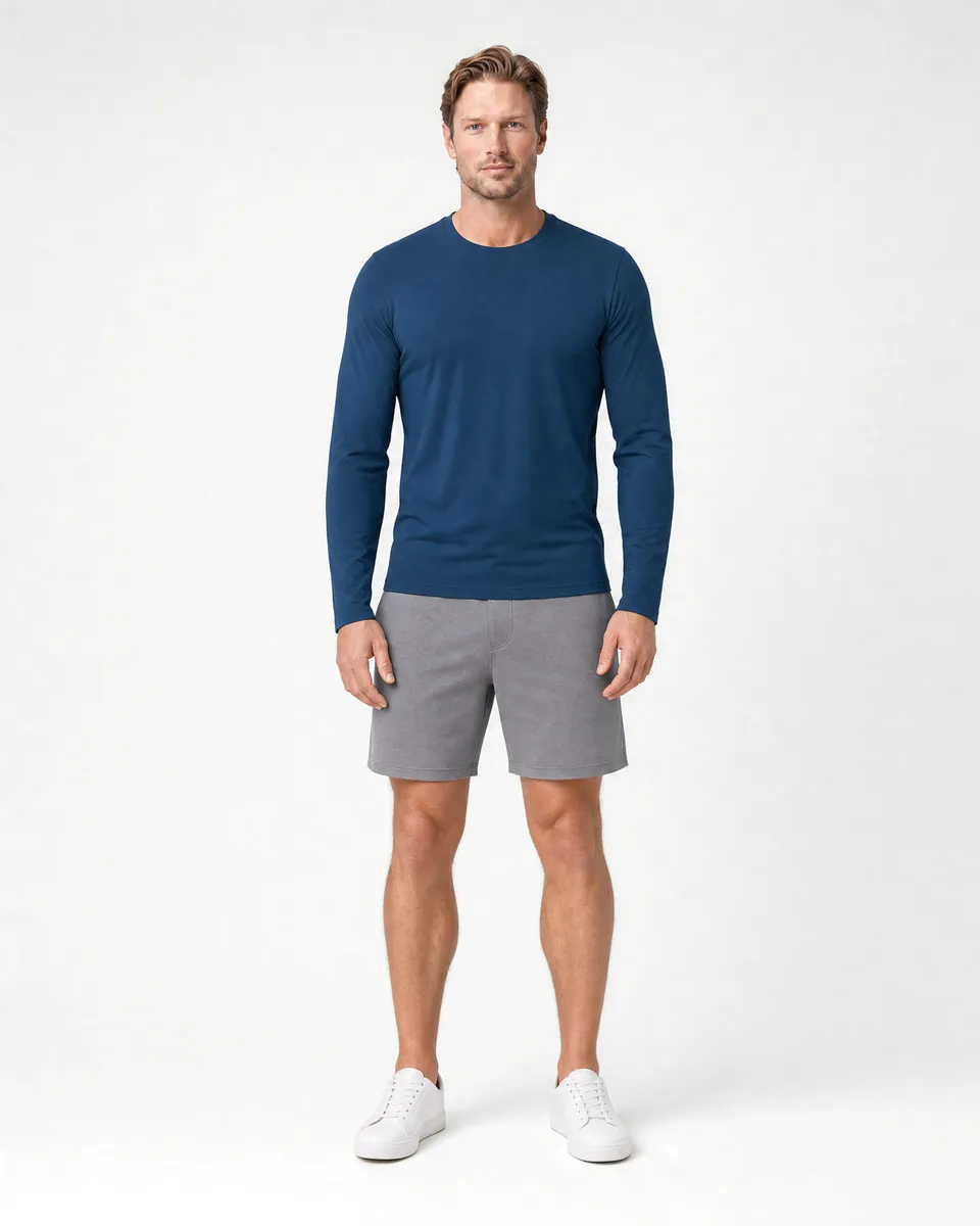 StringKing Men's StayWarm Long Sleeve Tee - Sharp Fit, Navy Blue, Full Front - Human Model - Top of head to Knees