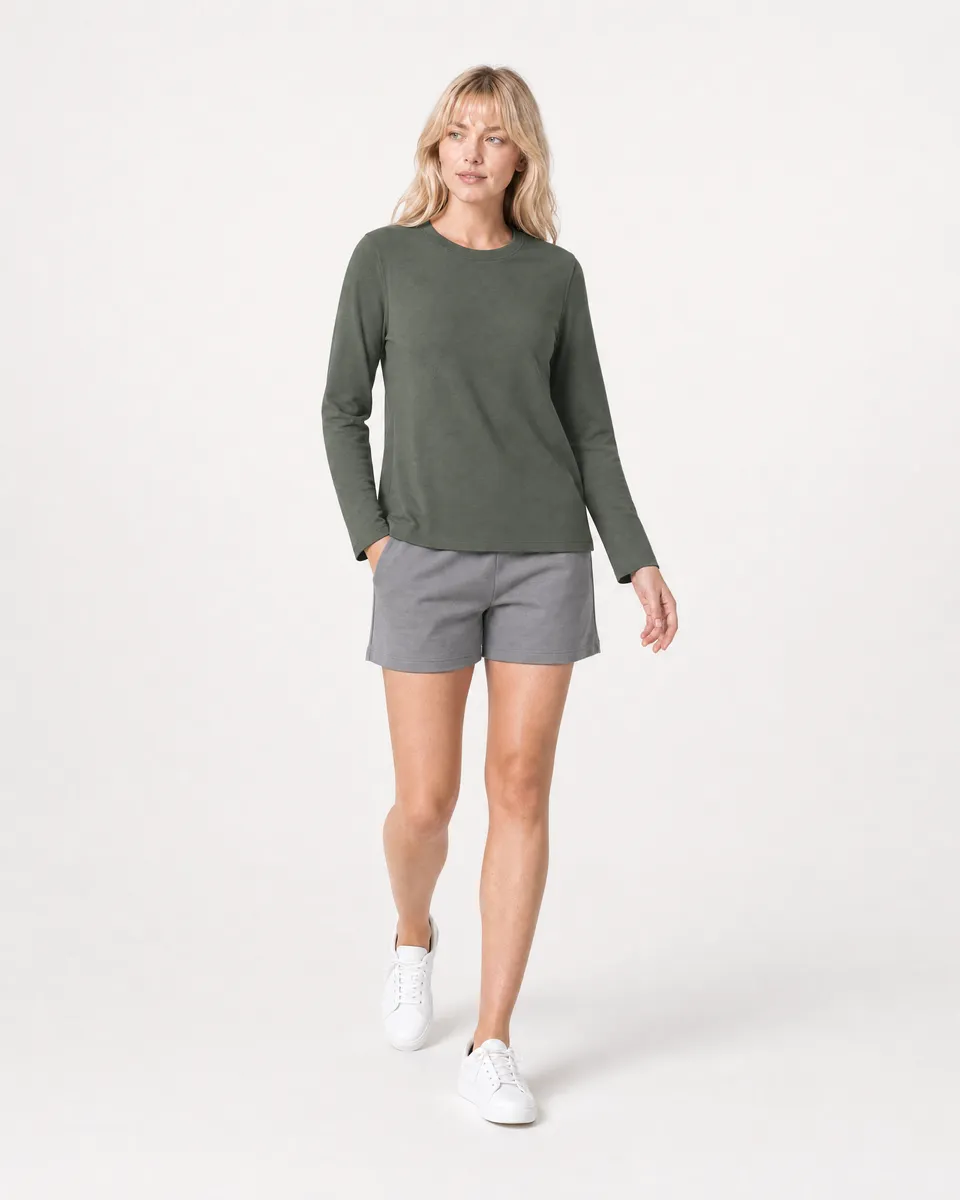 StringKing Women's Pima Terry Long Sleeve Tee - Relaxed Fit, Moss, Full Front Angle - Human Model