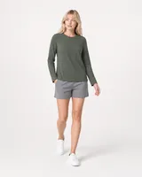 StringKing Women's Pima Terry Long Sleeve Tee - Relaxed Fit, Moss, Full Front Angle - Human Model