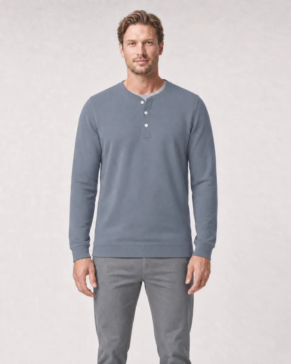 StringKing Men's Pima Terry Henley - Sharp Fit, Tradewinds, Full Front - Human Model - Top of head to Knees