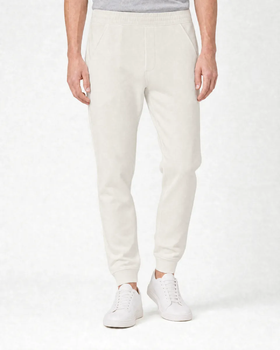 StringKing Men's Pima Terry Sweatpants - Sharp Fit, Tofu, Full Front - Human Model - Waist to Feet