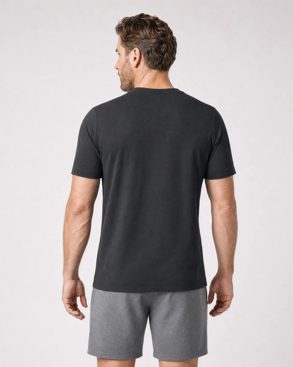 StringKing Men's Pima Terry Tee - Sharp Fit, Black, Full Back - Human Model - Top of head to Mid-thigh