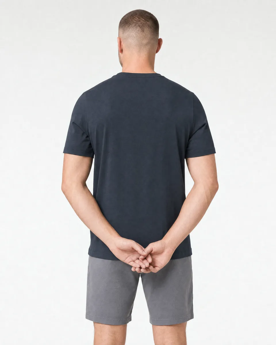 StringKing Men's Pima Jersey Pocket Tee - Sharp Fit, Navy, Full Back - Human Model - Top of head to Mid-thigh