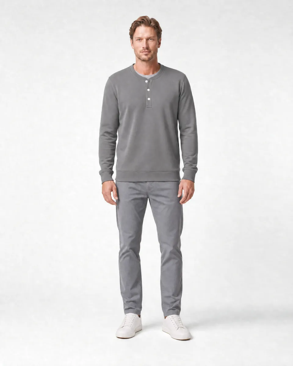 StringKing Men's Pima Terry Henley - Sharp Fit, Frost Gray, Full Front - Human Model