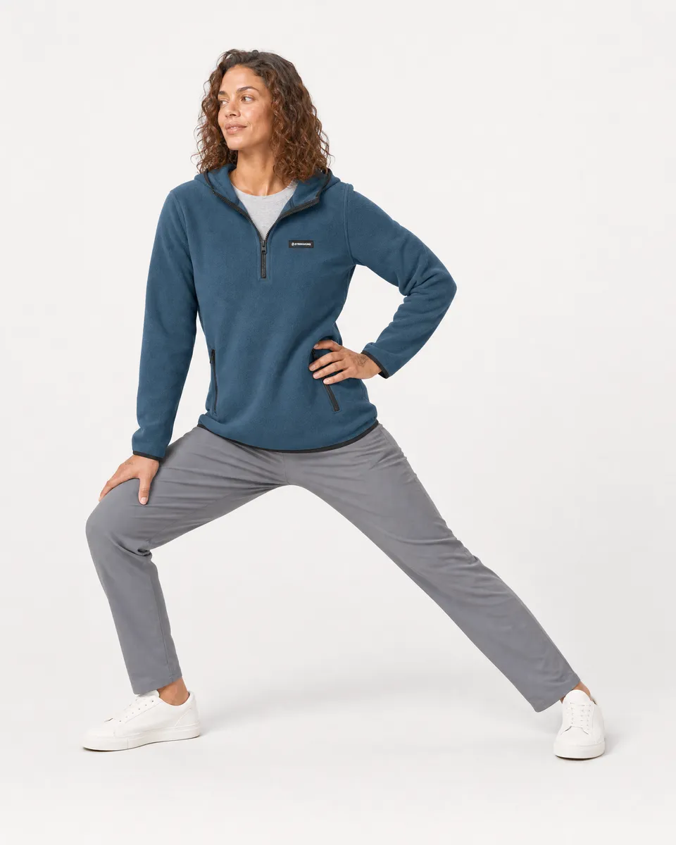 StringKing Women's Polartec Fleece Quarter Zip Hoodie with Pockets - Relaxed Fit, Indian Teal, Full Front Angle - Human Model