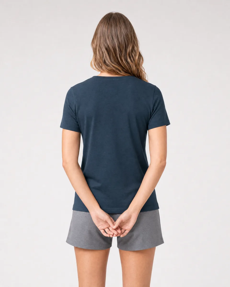 StringKing Women's Pima Terry V-Neck Tee - Sharp Fit, Navy, Full Back - Human Model - Top of head to Mid-thigh