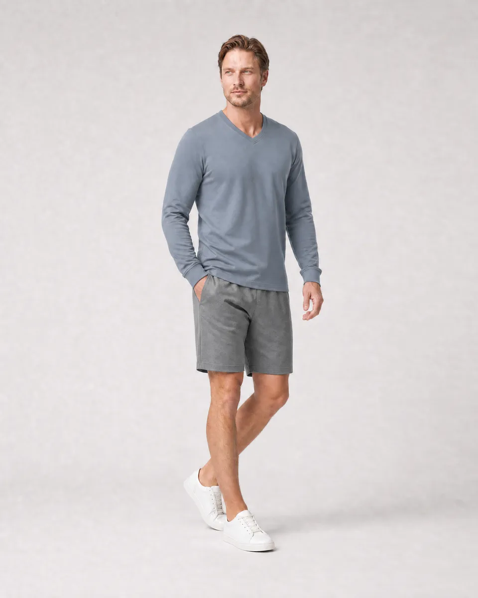 StringKing Men's Pima Terry Long Sleeve V-Neck Tee - Sharp Fit, Tradewinds, Full Front Angle - Human Model