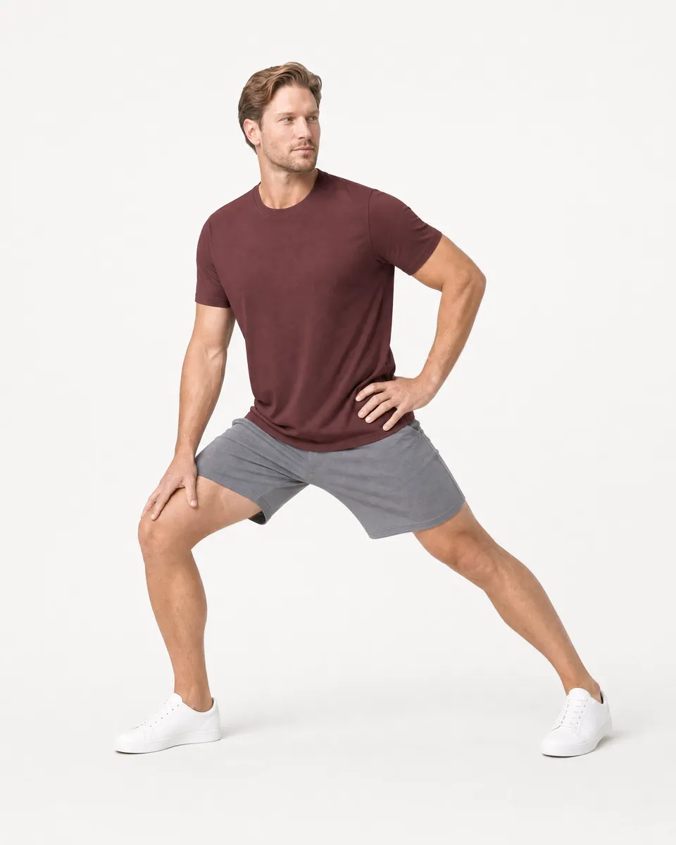 StringKing Men's Pima Jersey Tee - Relaxed Fit, New Maroon, Full Front Angle - Human Model