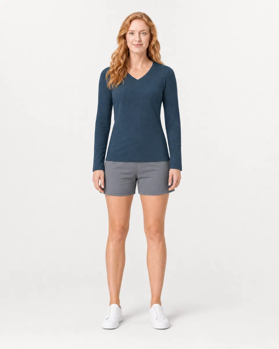 StringKing Women's Pima Terry Long Sleeve V-Neck Tee - Sharp Fit, Navy, Full Front - Human Model - Top of head to Knees