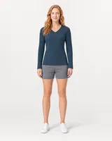 StringKing Women's Pima Terry Long Sleeve V-Neck Tee - Sharp Fit, Navy, Full Front - Human Model - Top of head to Knees