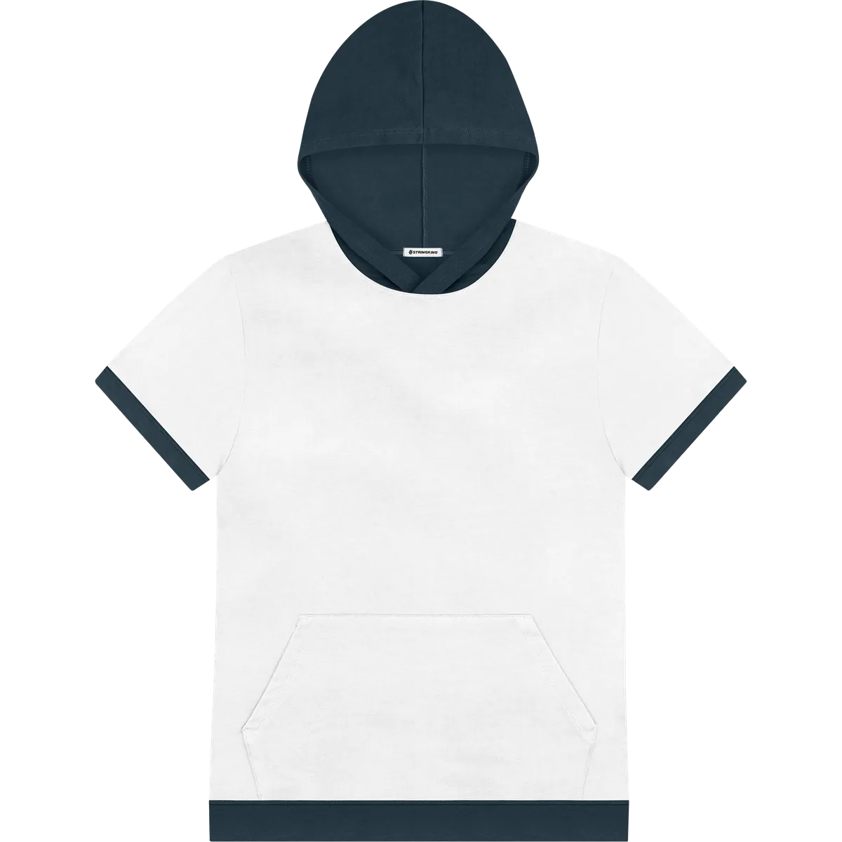 StringKing Men's Pima Cotton Short Sleeve Hoodie 2C - Relaxed Fit, White Main, Navy Accent, Front