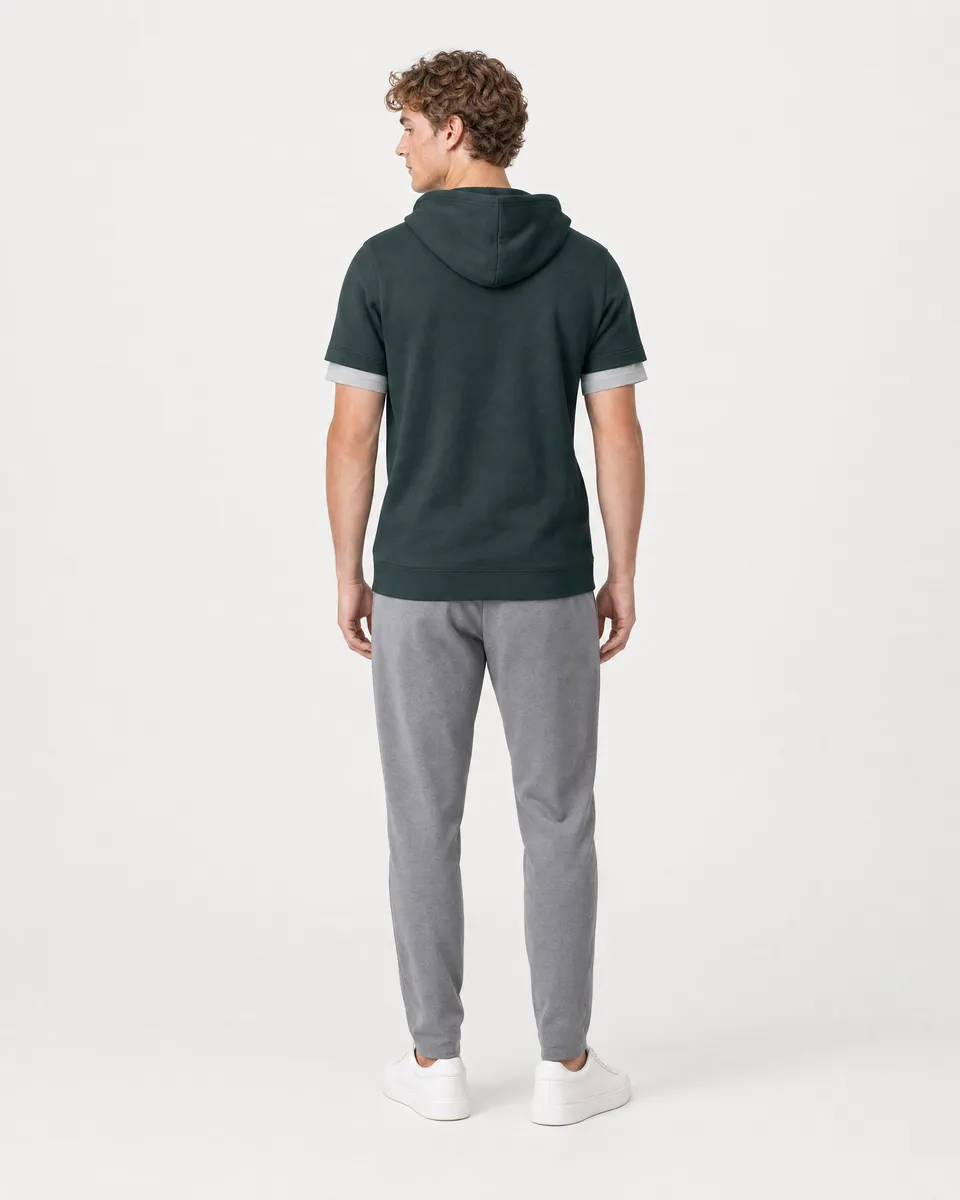 StringKing Men's Pima Terry Short Sleeve Hoodie - Sharp Fit, Pine Grove, Full Back - Human Model - Top of head to Mid-thigh