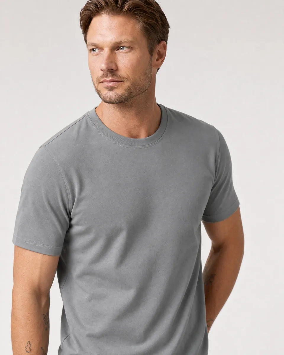 StringKing Men's StayWarm Tee - Sharp Fit, Gray, Collar Shoulder - Human Model