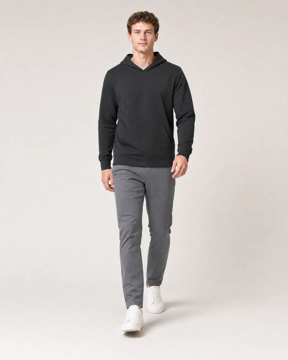 StringKing Men's Pima Terry Hoodie - Sharp Fit, Black, Full Front Angle - Human Model