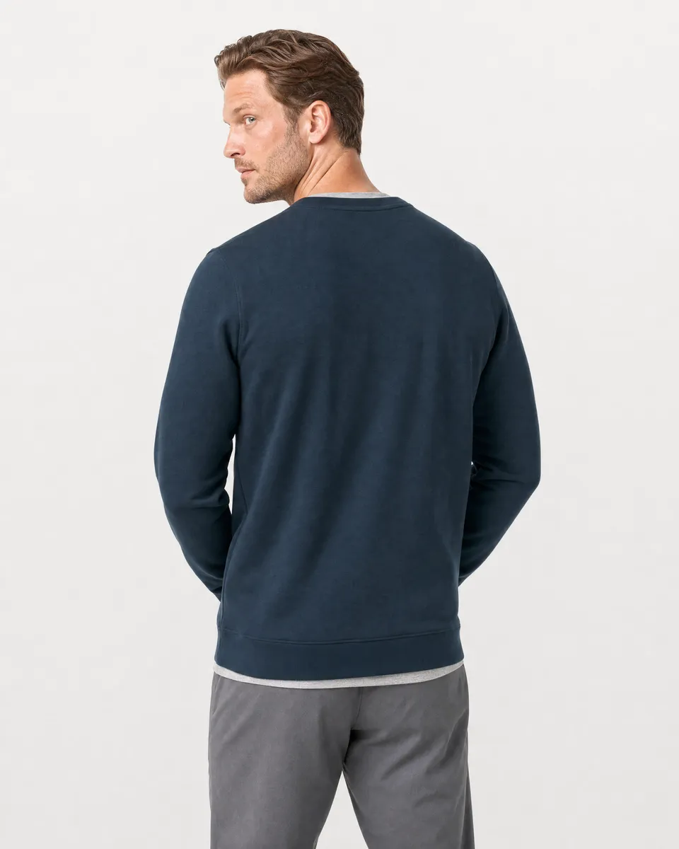 StringKing Men's Pima Terry Crew Sweatshirt - Relaxed Fit, Navy, Full Back - Human Model - Top of head to Mid-thigh