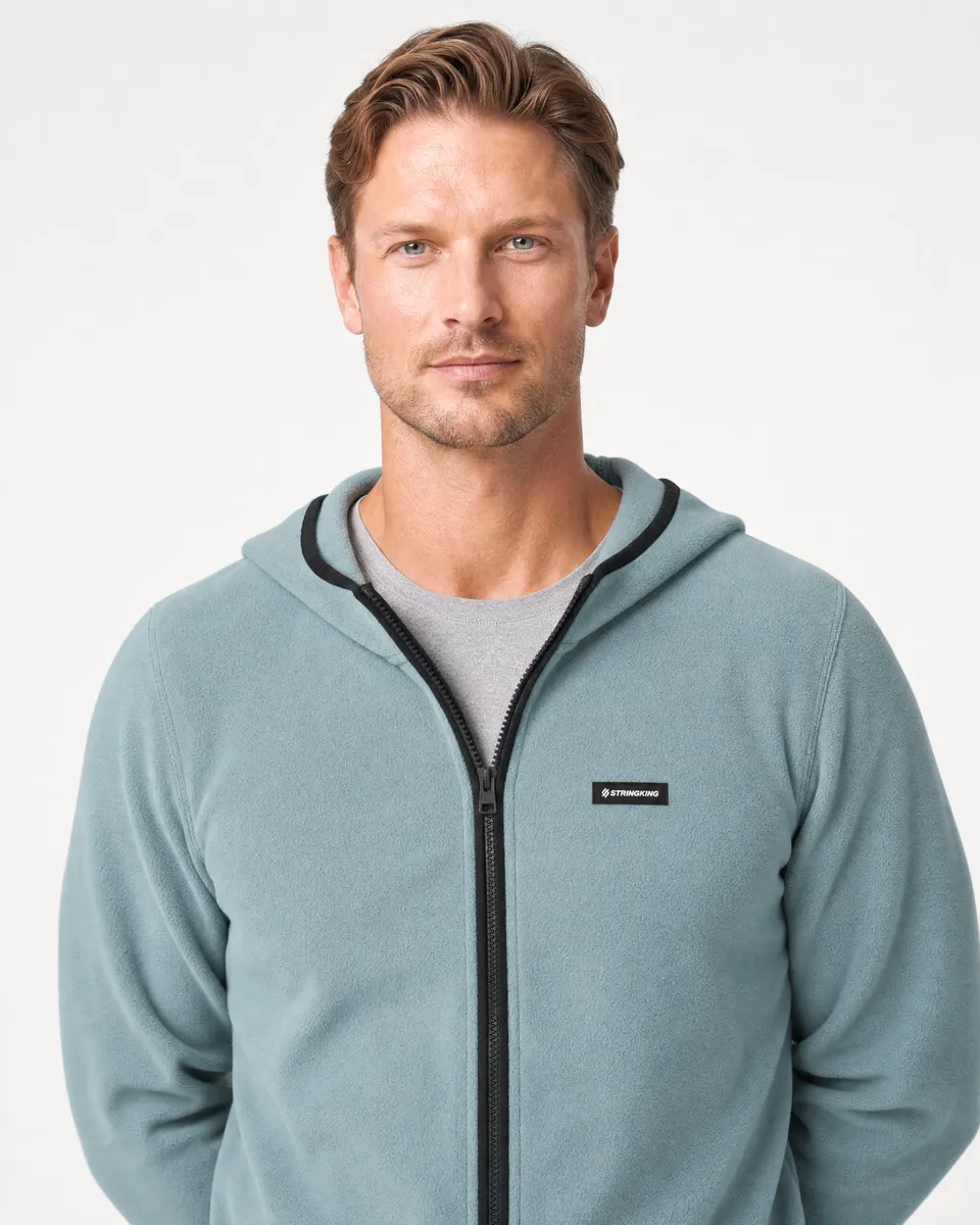 StringKing Men's Polartec Fleece Full Zip Hoodie with Pockets - Relaxed Fit, Slate, Collar Shoulder - Human Model