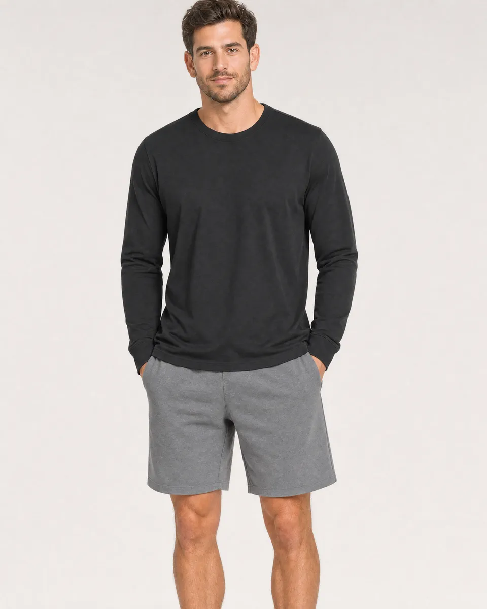 StringKing Men's Pima Jersey Long Sleeve Tee - Sharp Fit, Black, Full Front - Human Model - Top of head to Knees