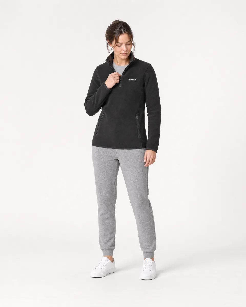 StringKing Women's Polartec Fleece Quarter Zip with Pockets - Sharp Fit, Meteorite, Collar Shoulder - Human Model