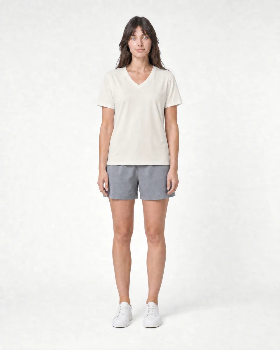 StringKing Women's Pima Jersey V-Neck Tee - Relaxed Fit, Tofu, Full Front - Human Model