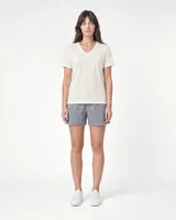 StringKing Women's Pima Jersey V-Neck Tee - Relaxed Fit, Tofu, Full Front - Human Model
