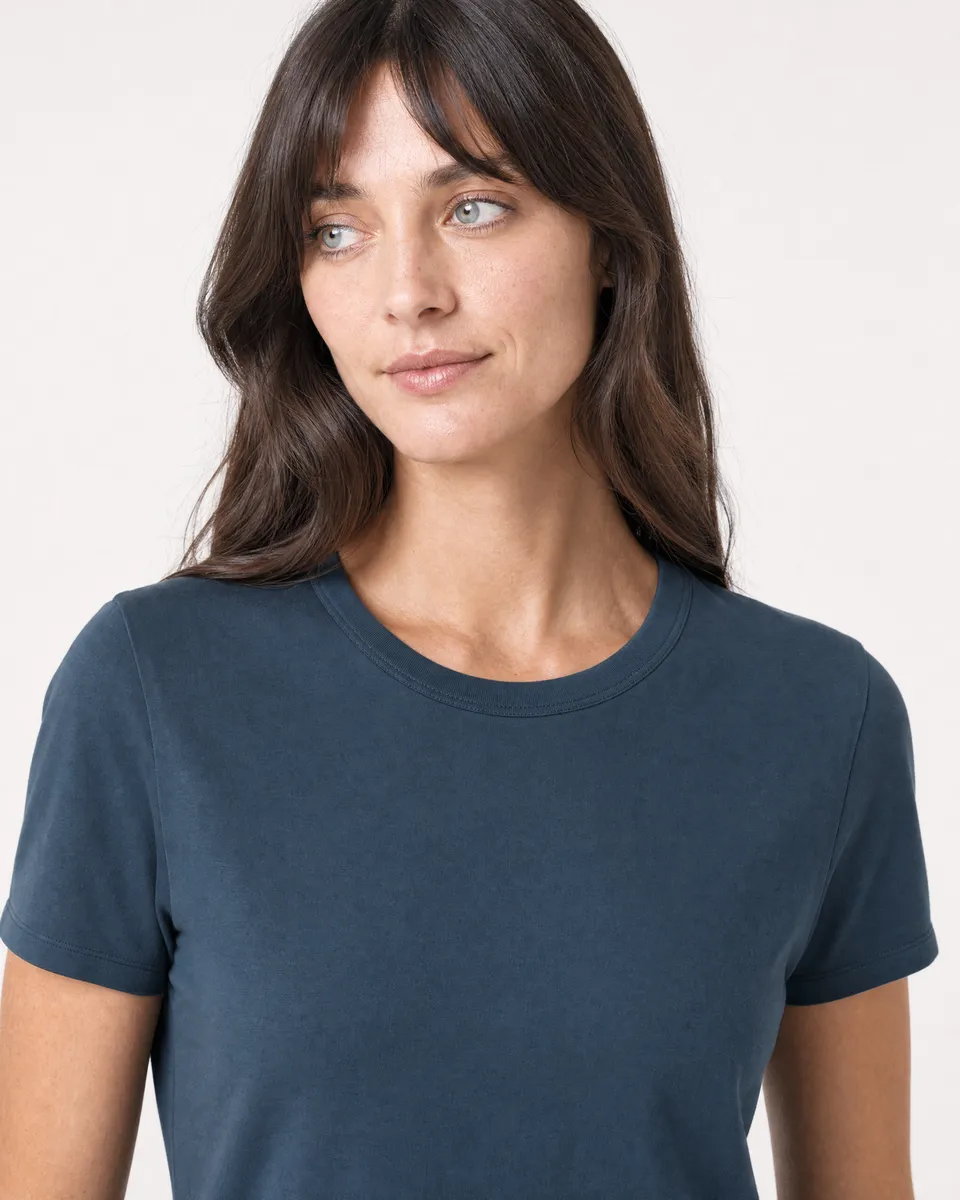 StringKing Women's Pima Jersey Tee - Relaxed Fit, Navy, Collar Shoulder - Human Model