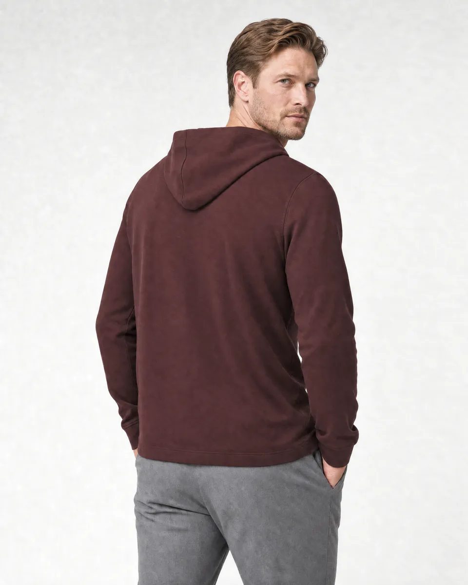 StringKing Men's Pima Jersey Hoodie - Relaxed Fit, New Maroon, Full Back - Human Model - Top of head to Mid-thigh
