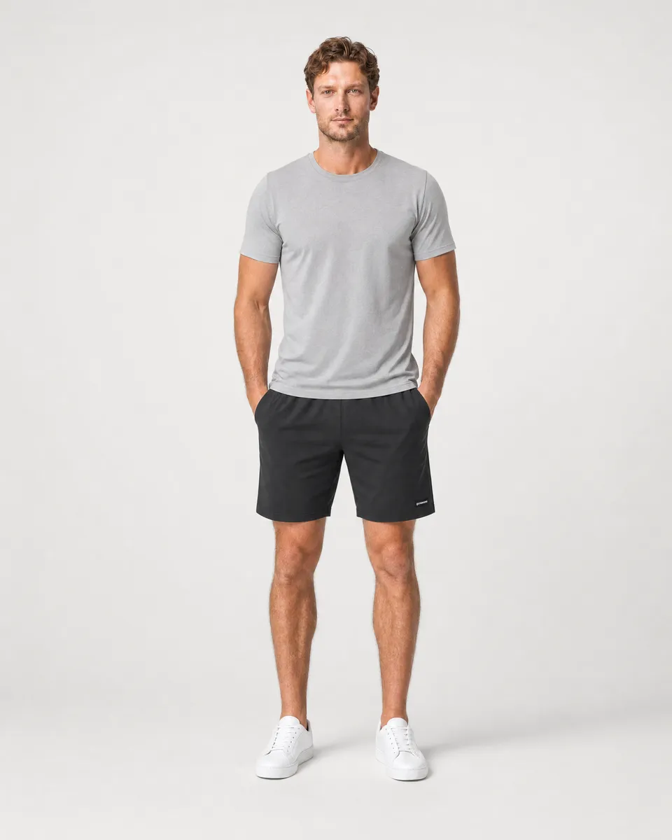 StringKing Men's Nylon Flex Game Shorts - Sharp Fit, Black, Full Front - Human Model