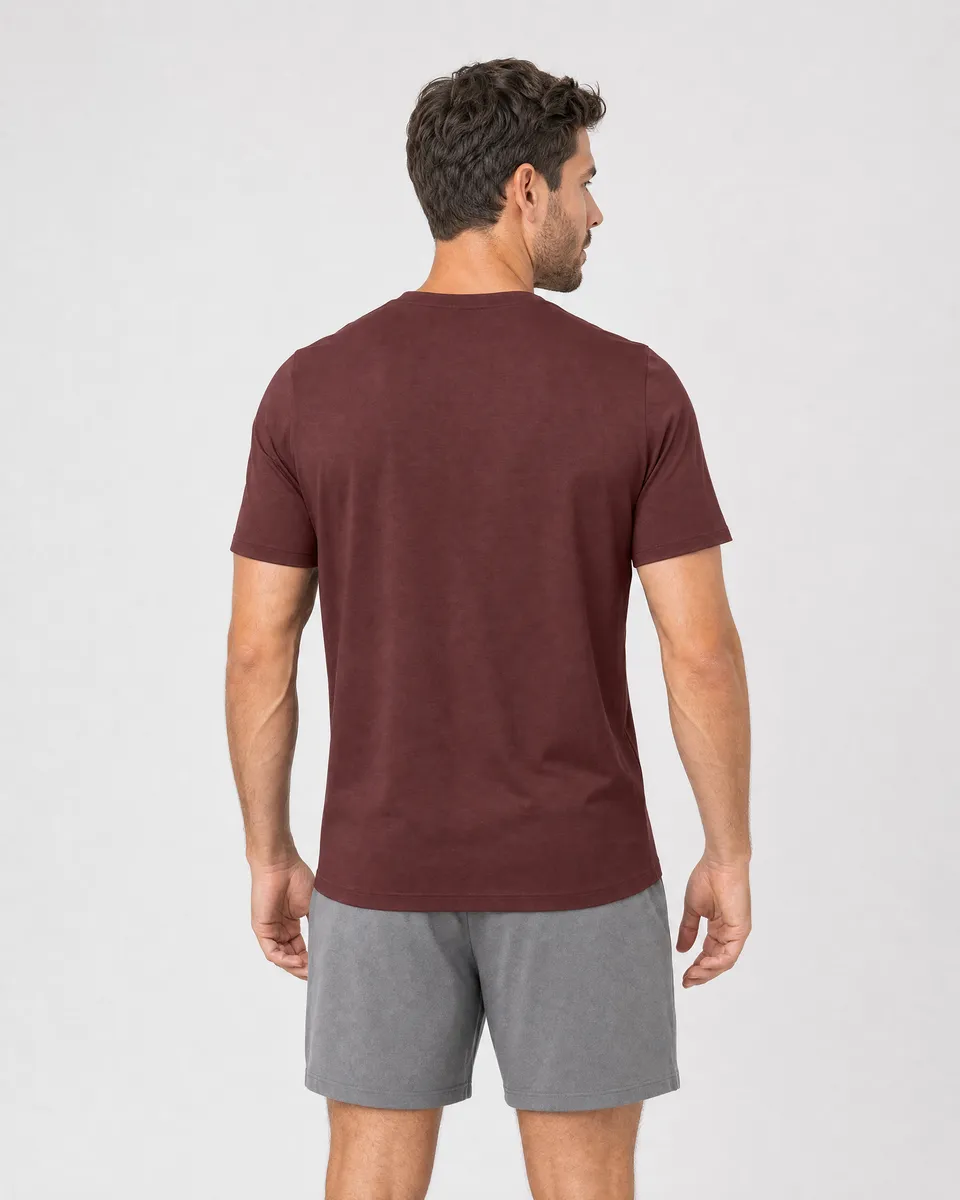 StringKing Men's Pima Jersey V-Neck Tee - Sharp Fit, New Maroon, Full Back - Human Model - Top of head to Mid-thigh