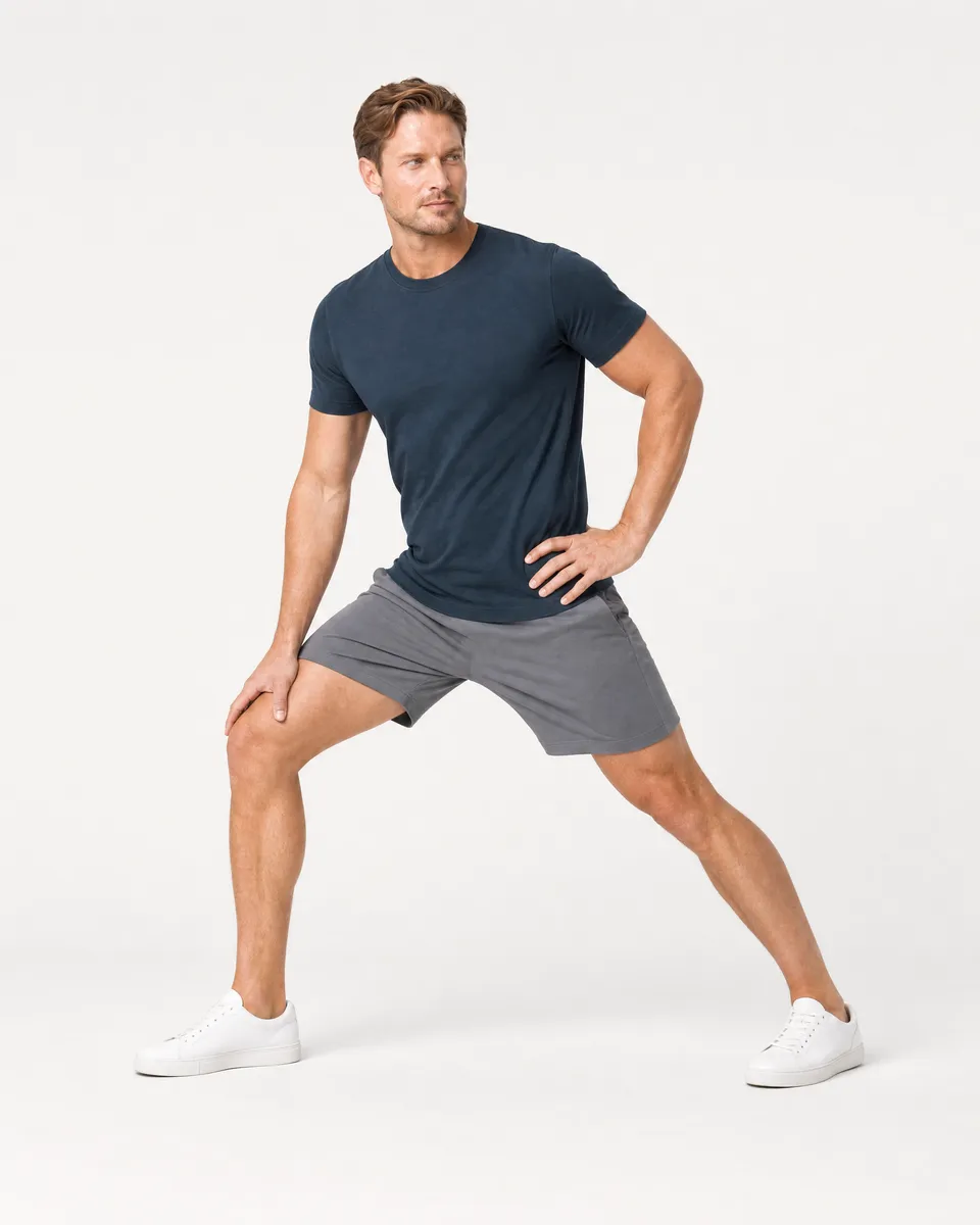 StringKing Men's Pima Terry Tee - Sharp Fit, Navy, Full Front Angle - Human Model