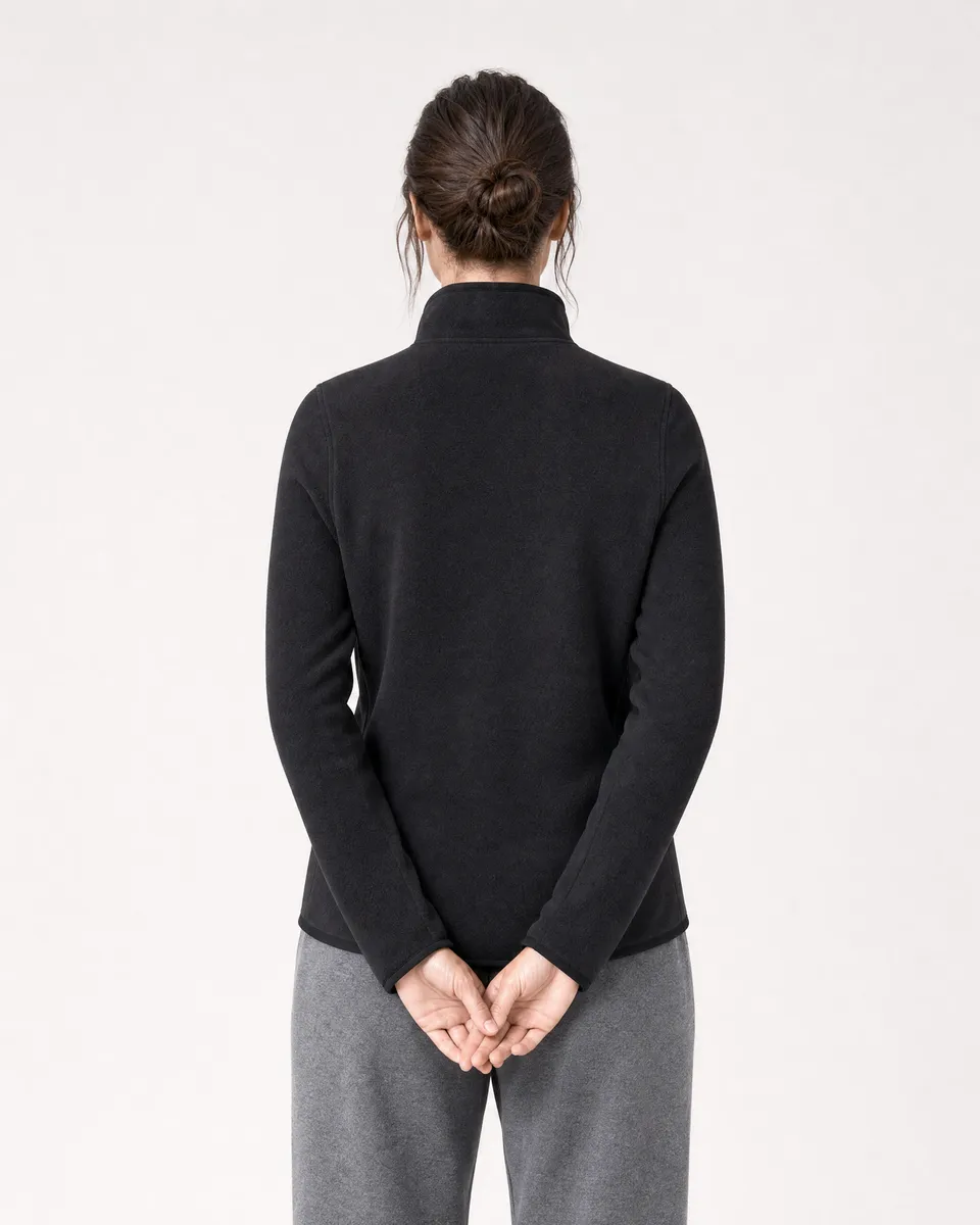 StringKing Women's Polartec Fleece Quarter Zip with Pockets - Sharp Fit, Meteorite, Full Back - Human Model - Top of head to Mid-thigh