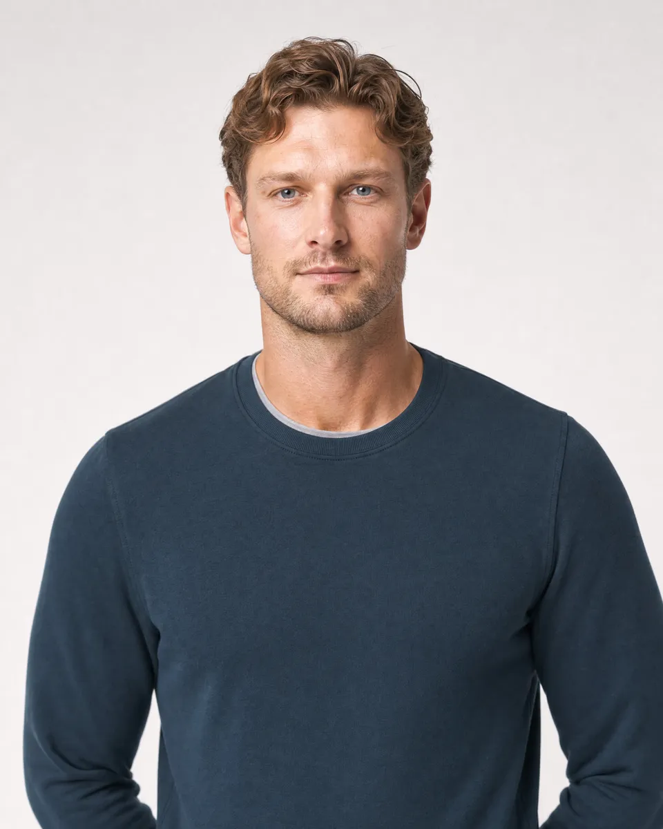 StringKing Men's Pima Terry Crew Sweatshirt - Sharp Fit, Navy, Collar Shoulder - Human Model