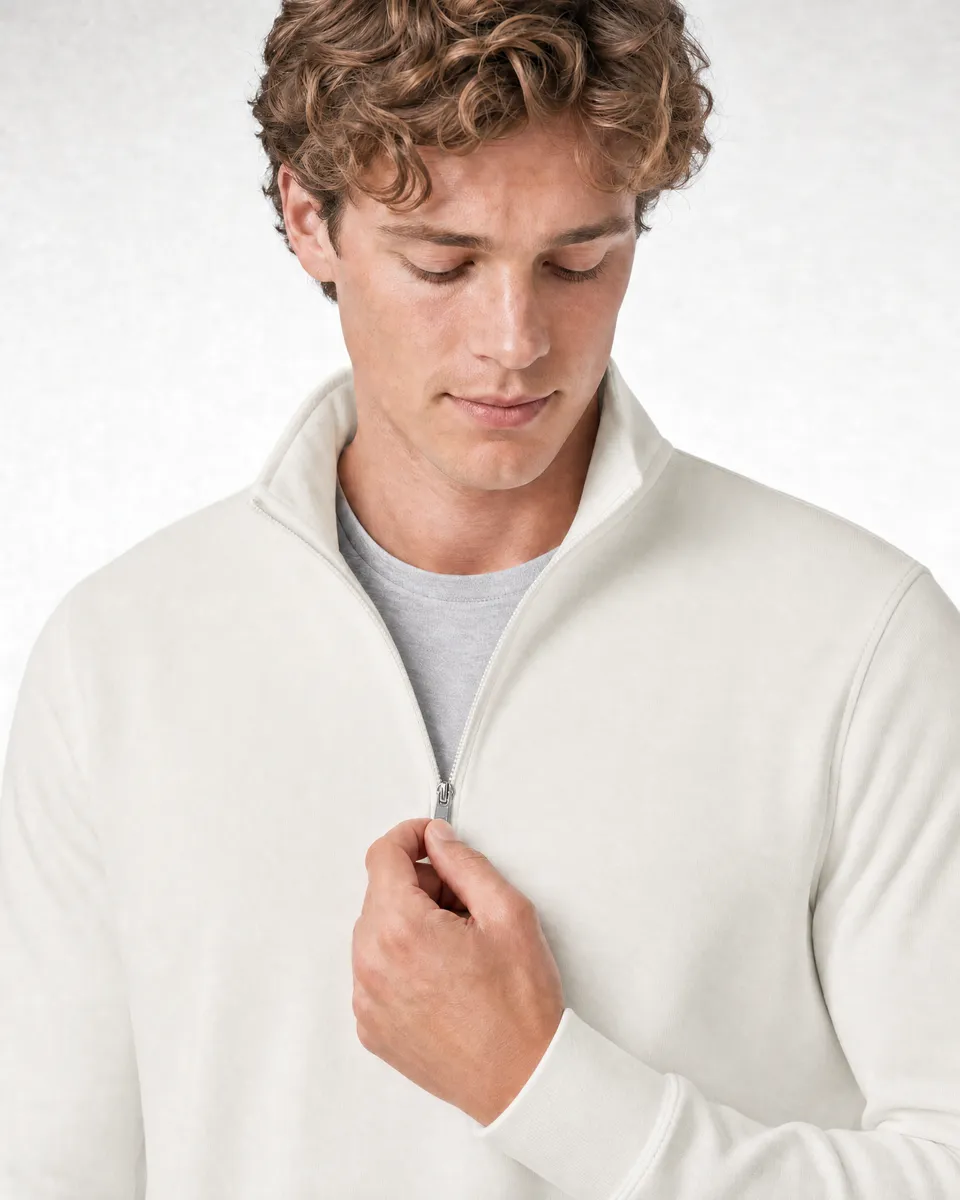 StringKing Men's Pima Terry Quarter Zip - Sharp Fit, Tofu, Collar Shoulder - Human Model