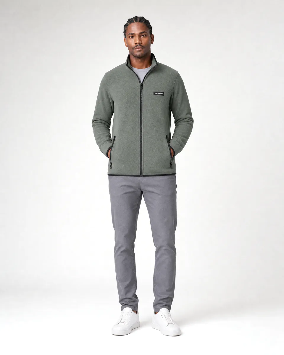 StringKing Men's Polartec Fleece Full Zip with Pockets - Sharp Fit, Avenue Green, Full Front - Human Model