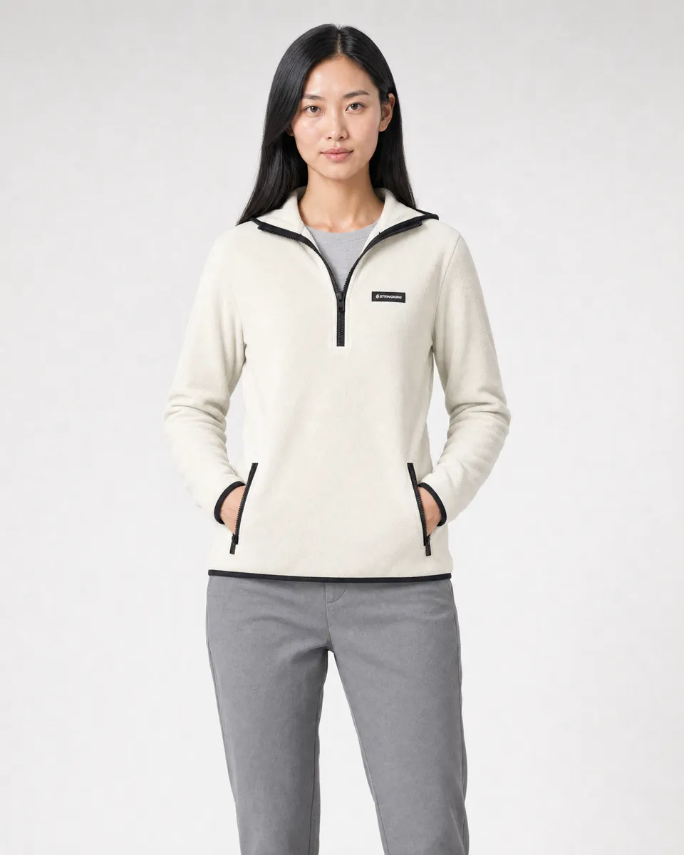 StringKing Women's Polartec Fleece Quarter Zip Hoodie with Pockets - Sharp Fit, Jet Stream, Full Front - Human Model - Top of head to Knees